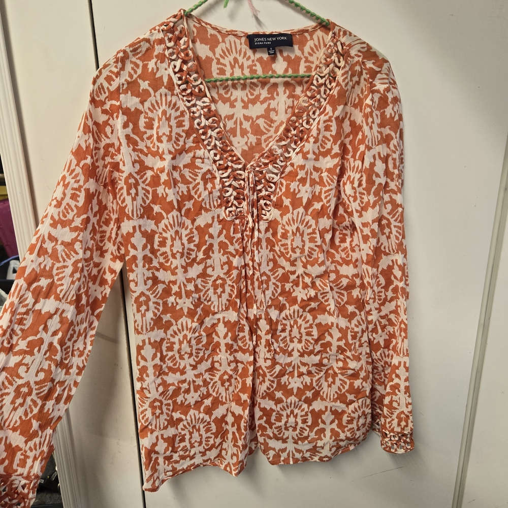 Jones New York Signature Orange Long Sleeve Tie Front Blouse